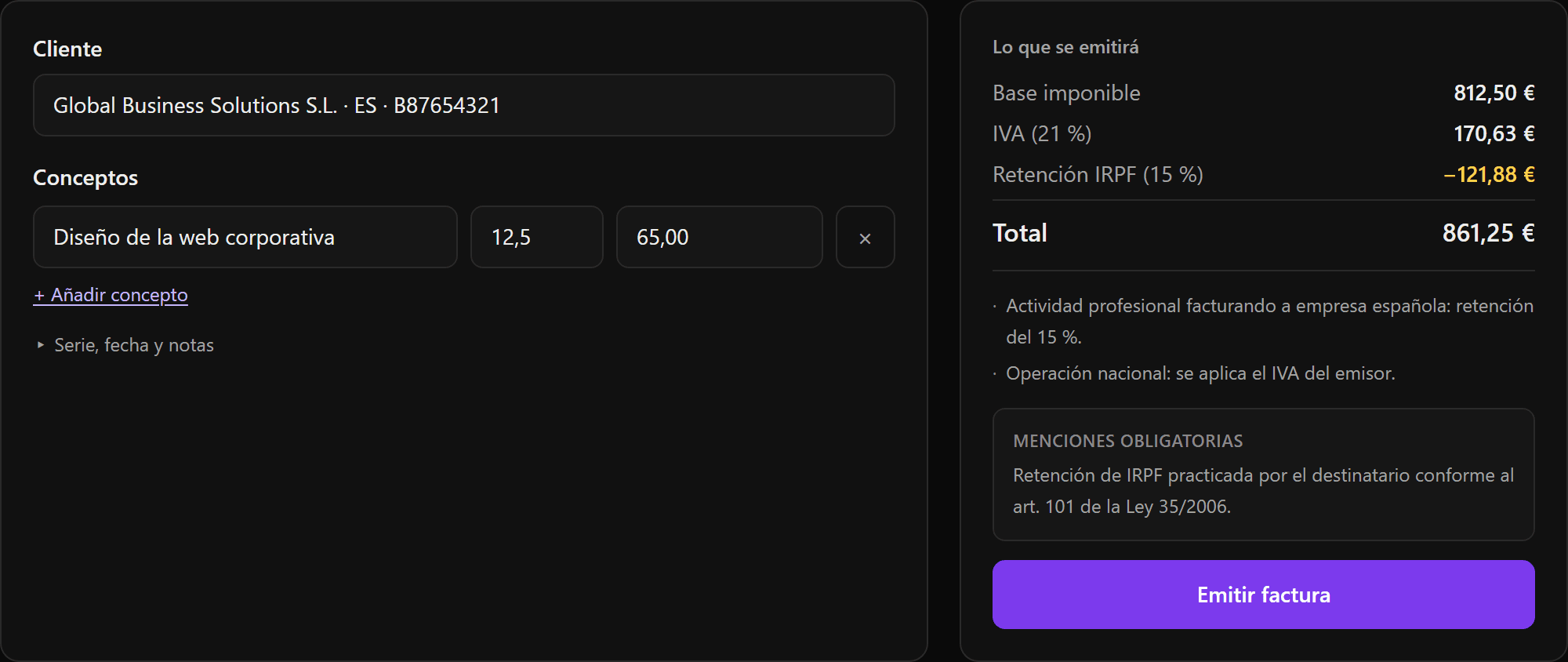 Pantalla de emisión de factura con base imponible, IVA, retención de IRPF y menciones legales calculadas