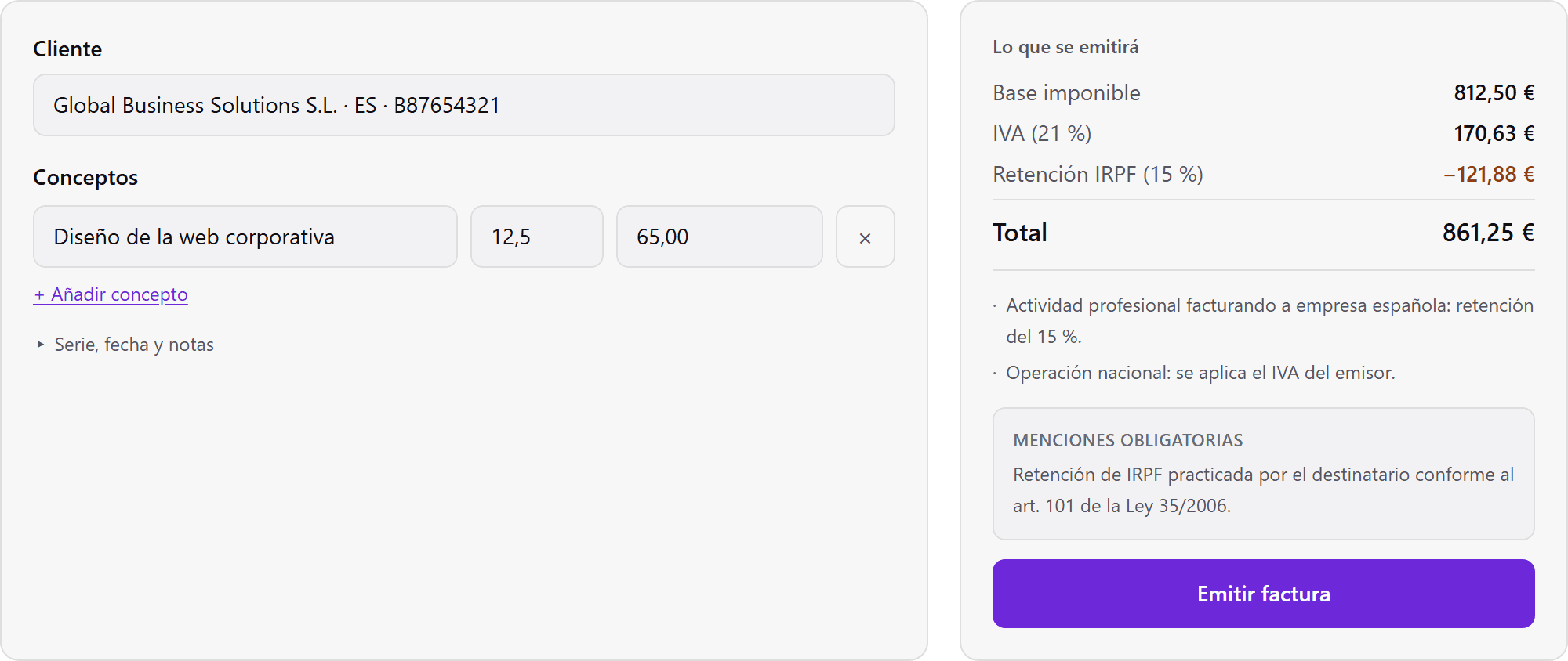 Pantalla de emisión de factura con base imponible, IVA, retención de IRPF y menciones legales calculadas