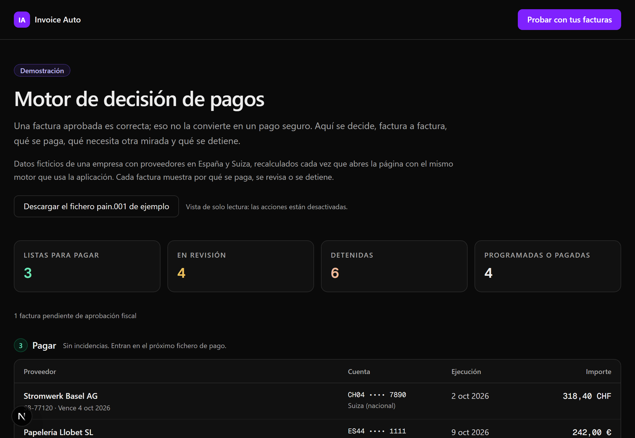 Cola de decisión de pagos con facturas clasificadas en pagar, revisar y detener