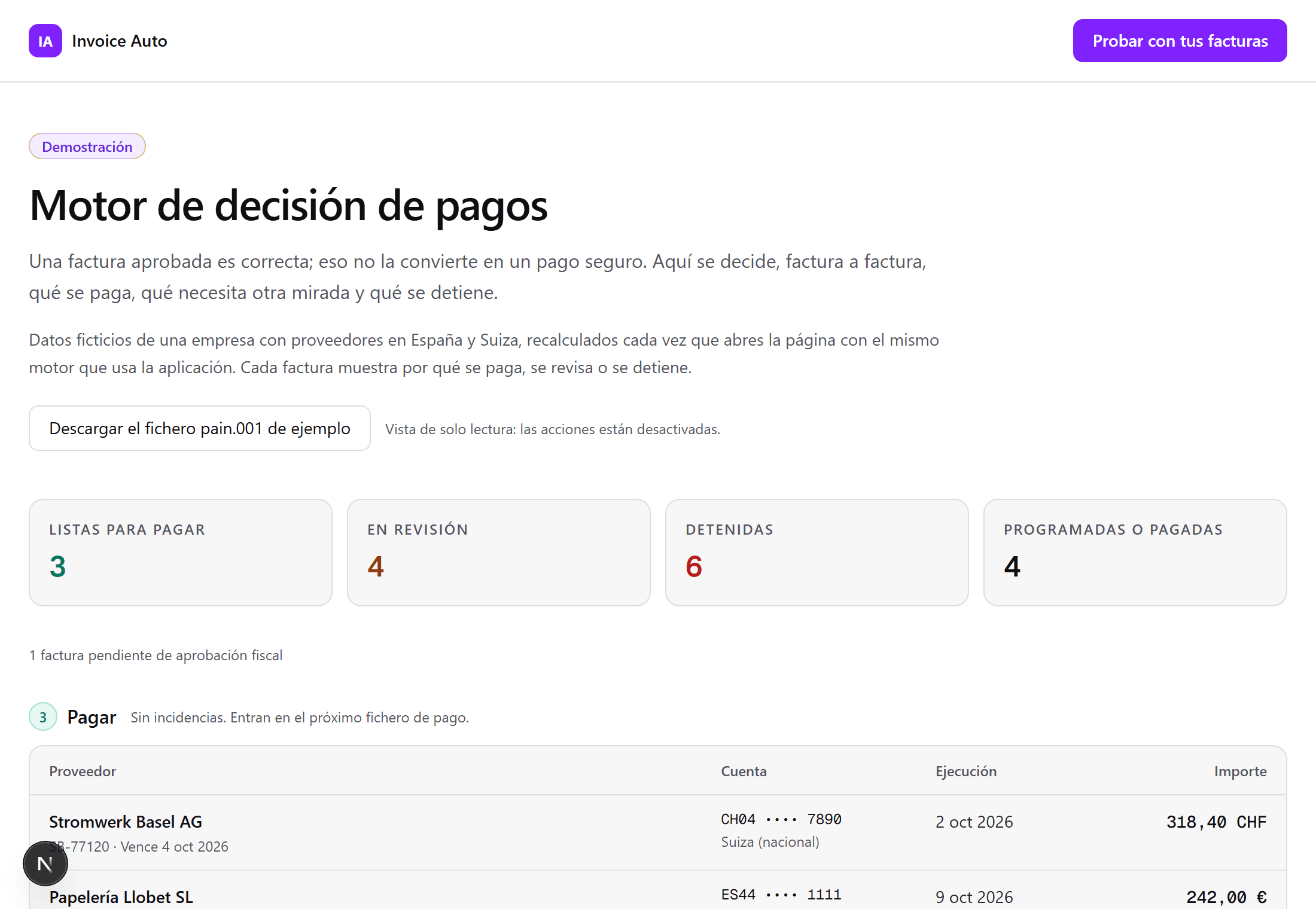 Cola de decisión de pagos con facturas clasificadas en pagar, revisar y detener